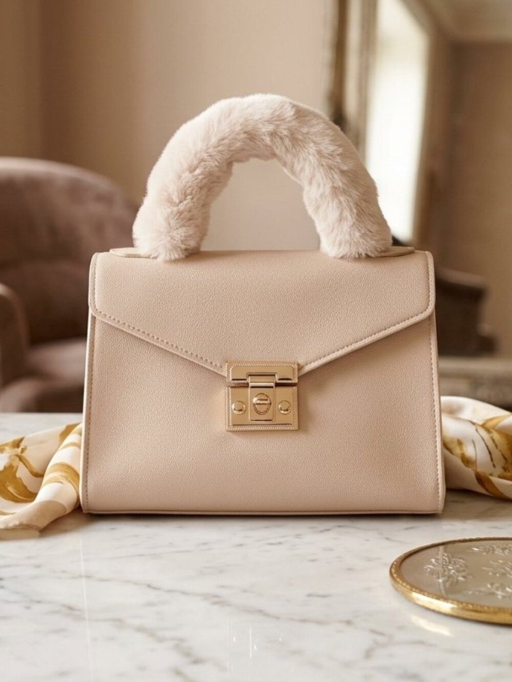 Brown Leather Mini Handbag With Faux Fur Handles